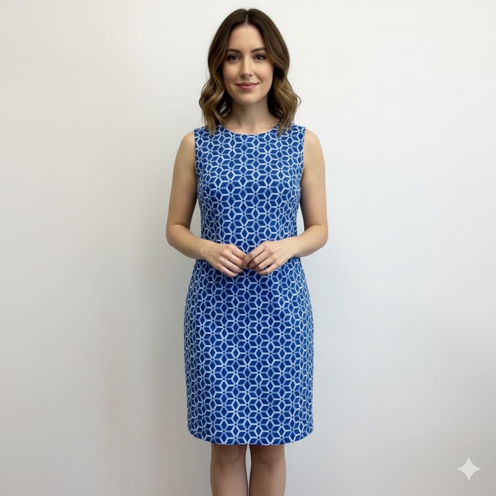 J.McLaughlin Sofia Dress Blue Geometric Prism Print Sleeveless Sheath Dress Mod